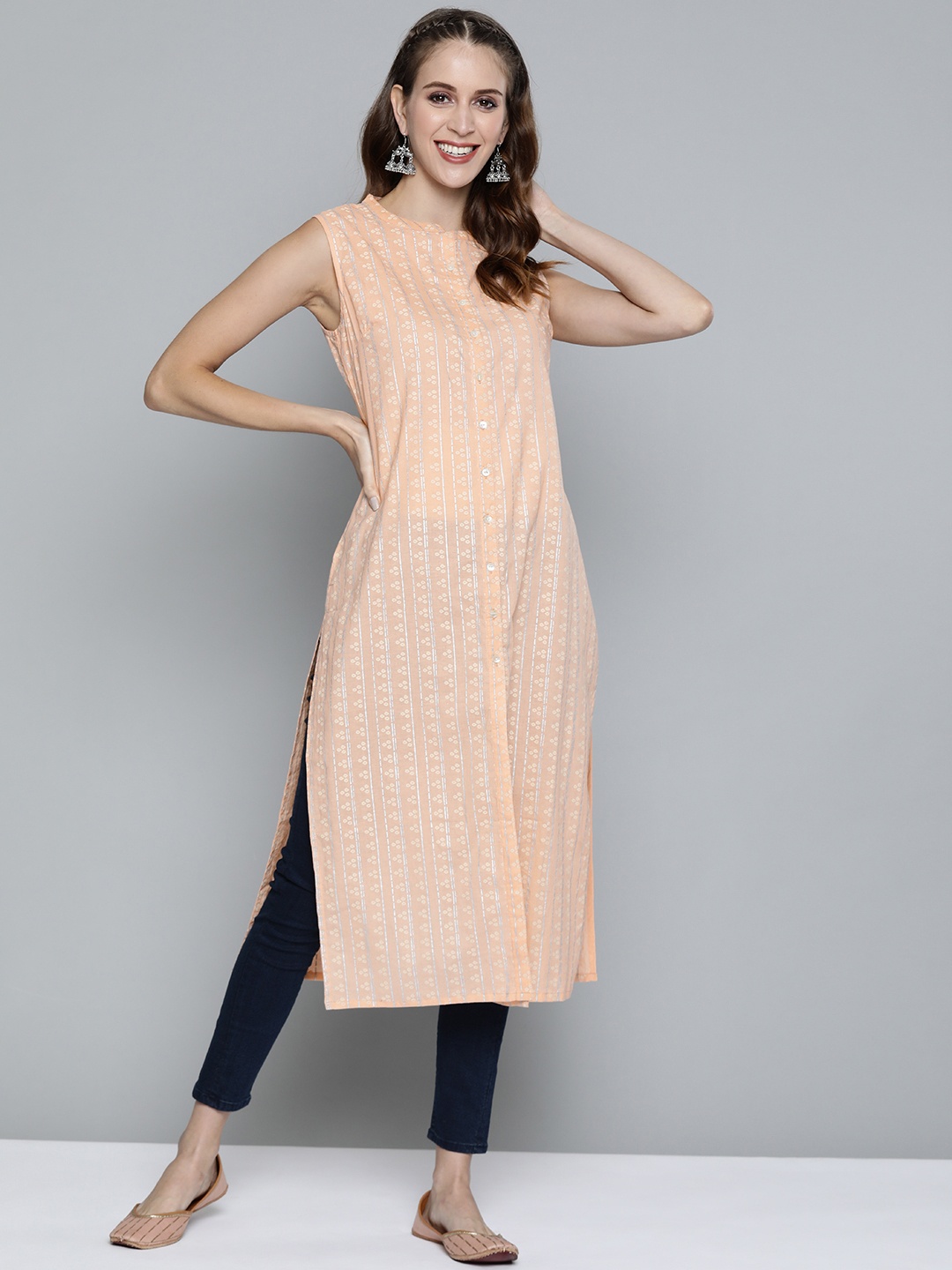 

HERE&NOW Women Peach-Coloured & Cream-Coloured Bandhani Print Cotton Straight Kurta