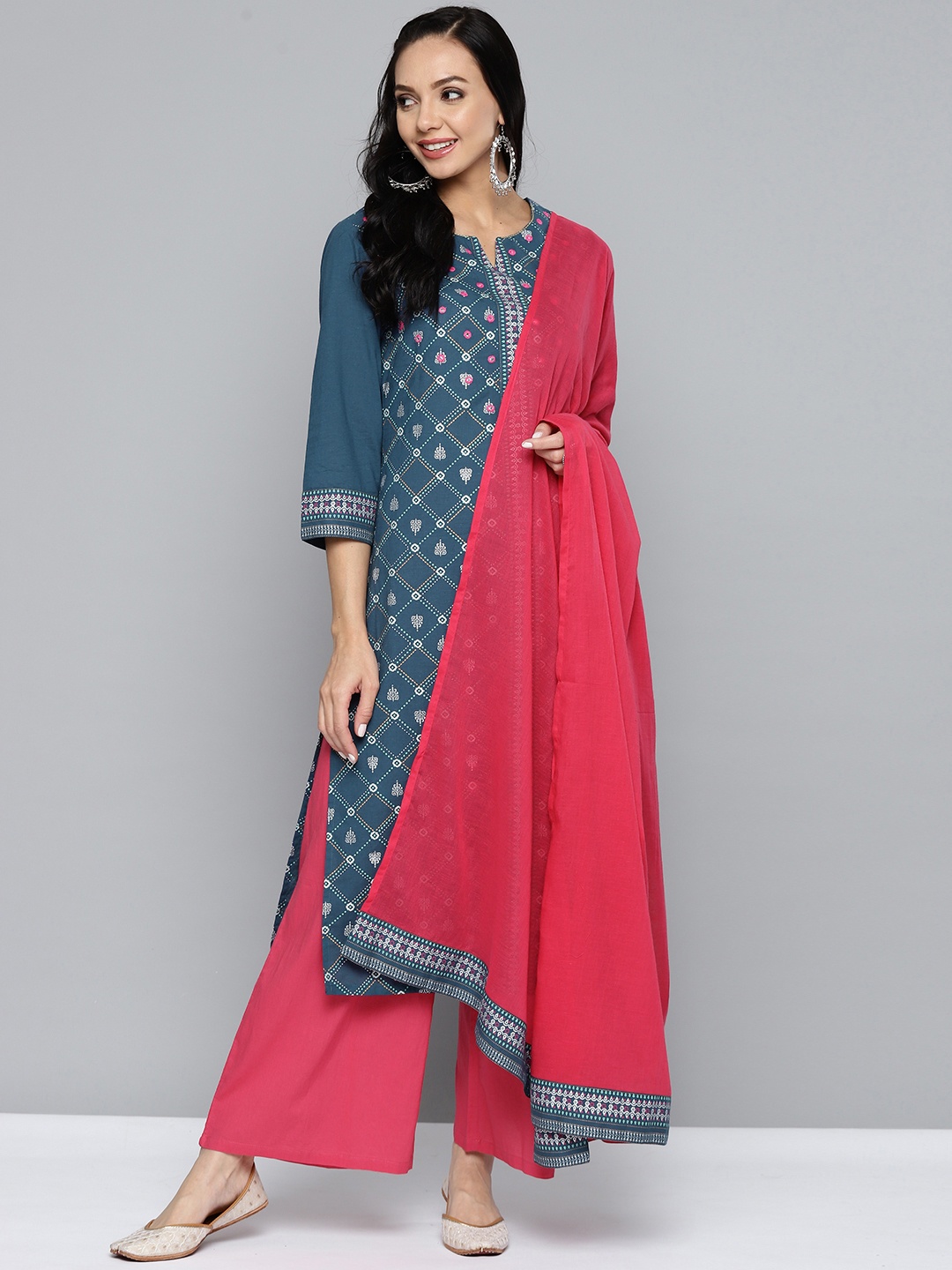 

HERE&NOW Women Navy Pure Cotton Printed Regular Mirror Work Kurta with Palazzos & Dupatta, Navy blue