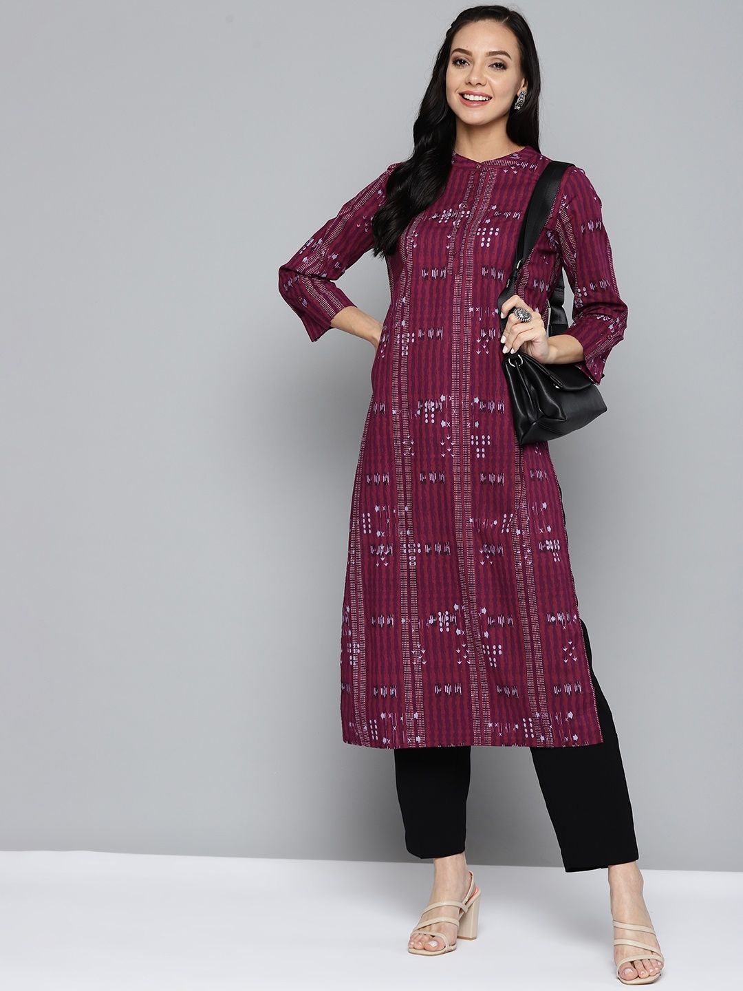 

HERE&NOW Women Purple & Grey Pure Cotton Geometric Printed Straight Kurta