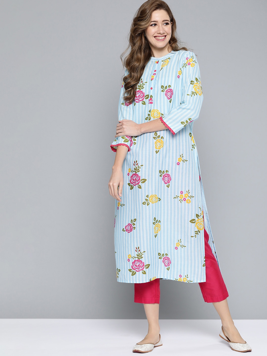 

HERE&NOW Women Blue & Green Pure Cotton Floral Print Straight Kurta