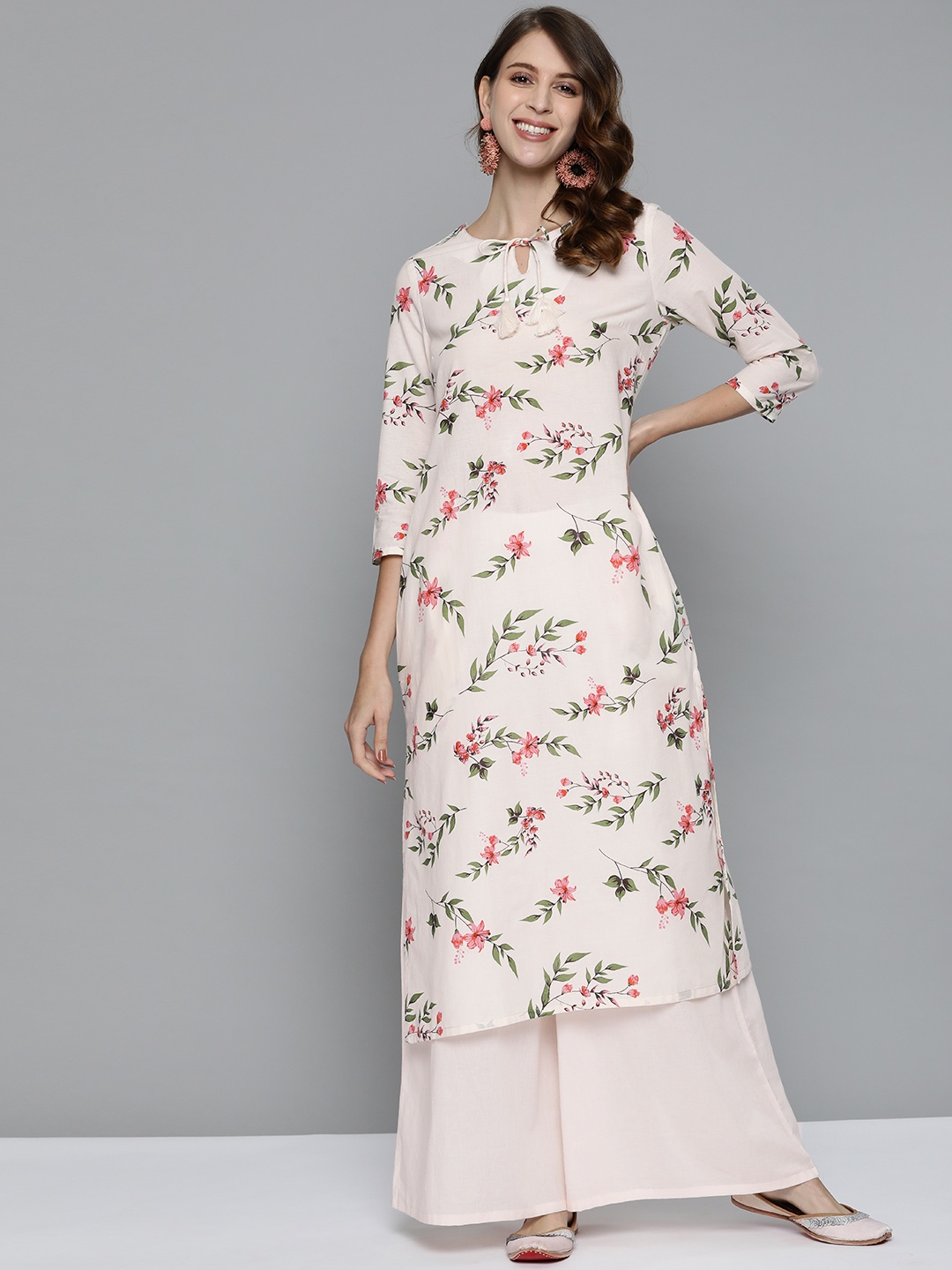 

HERE&NOW Women Off White Pure Cotton Floral Print Kurta with Palazzos