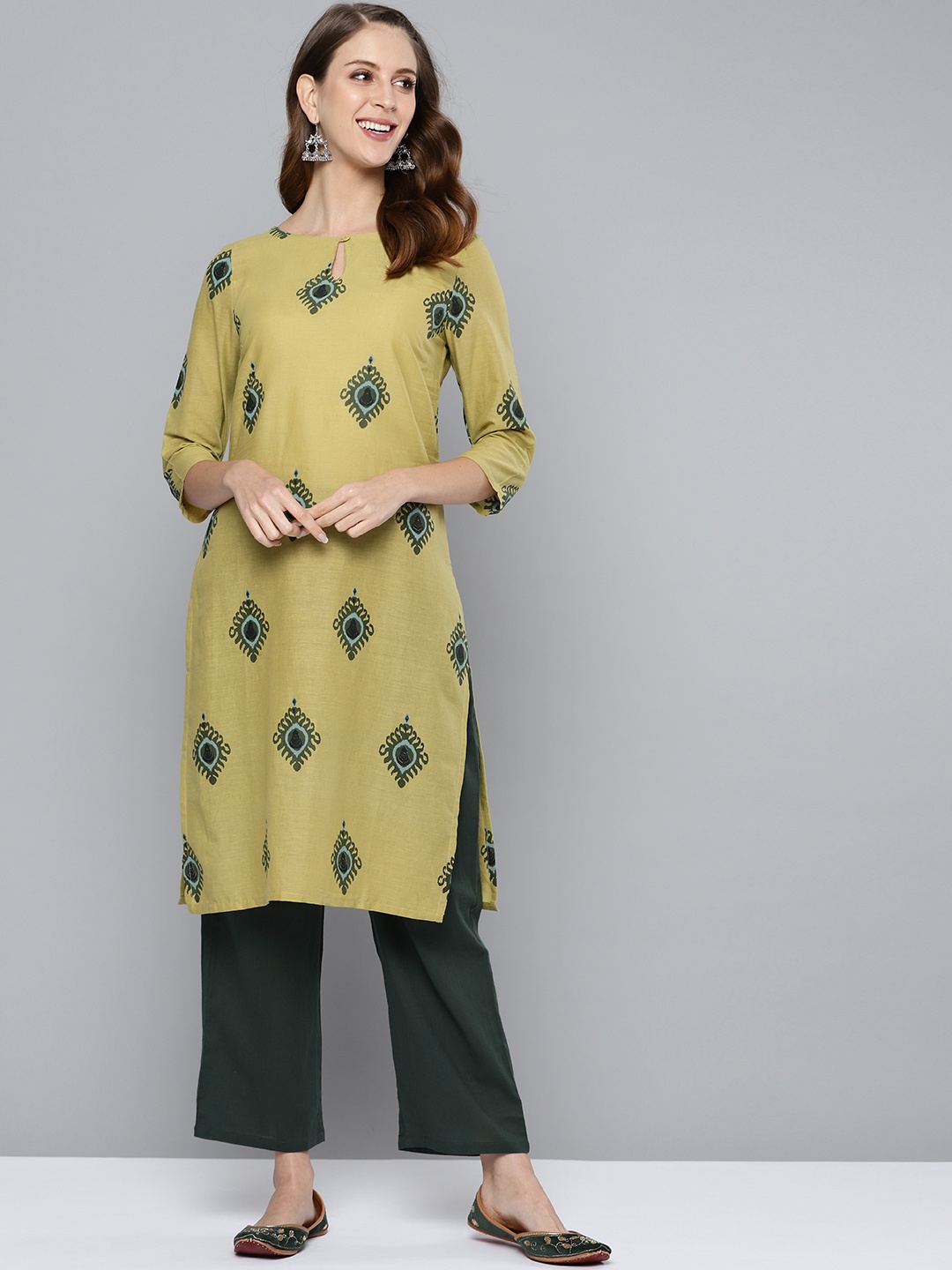 

HERE&NOW Khaki & Green Ethnic Motifs Printed Straight Kurta with Trousers