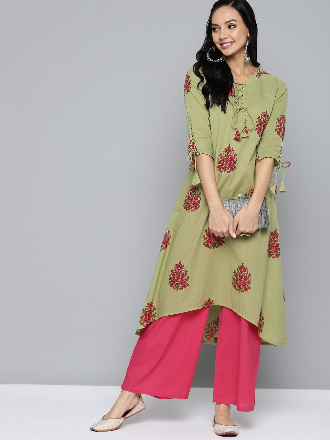 

HERE&NOW Women Green & Pink Pure Cotton Ethnic Motifs Printed A-Line Kurta