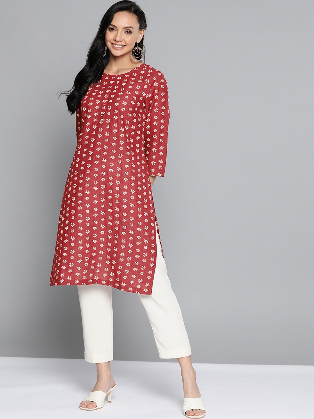 

HERE&NOW Women Rust Red & Off-White Cotton Floral Printed Straight Kurta