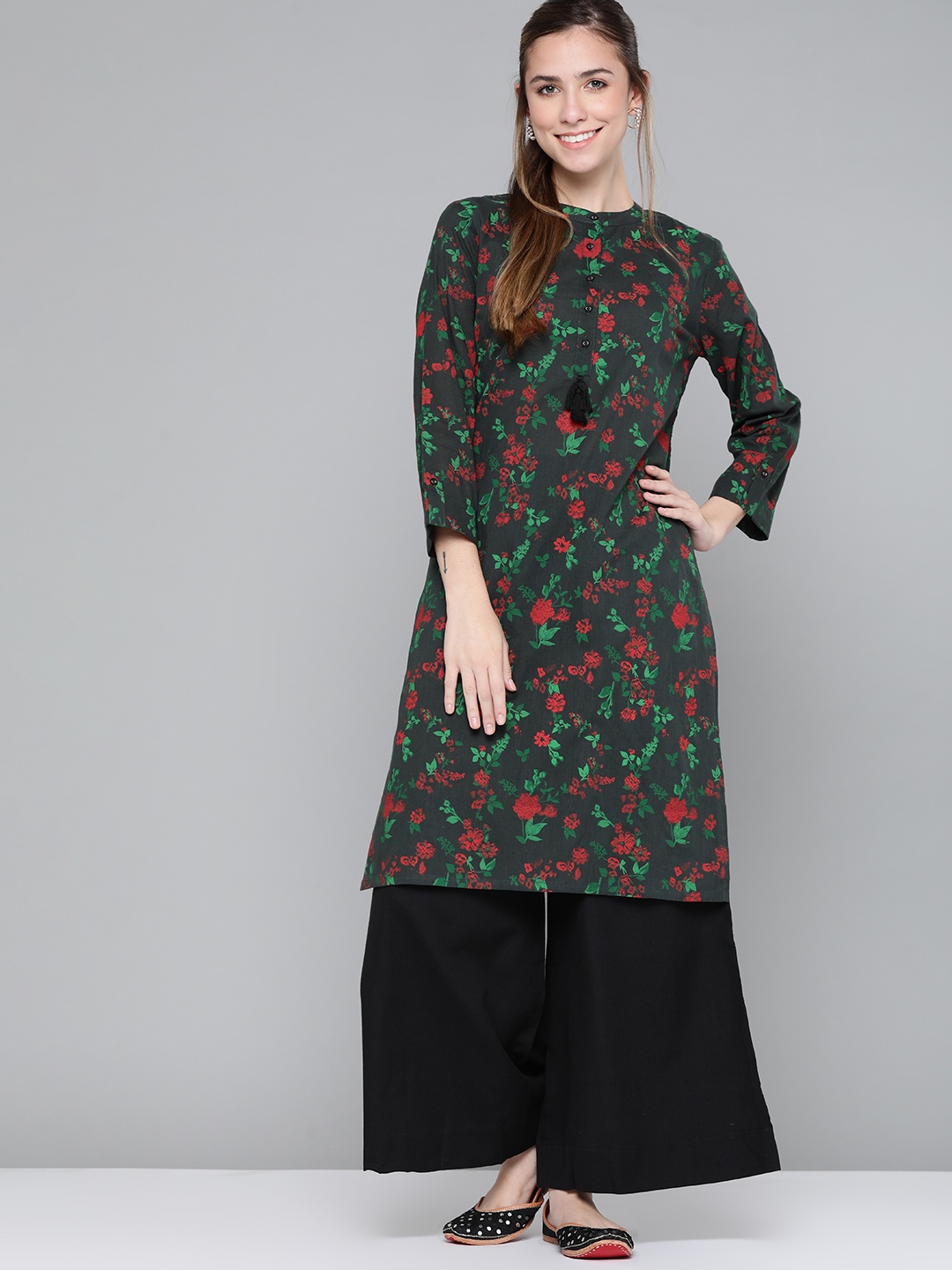 

HERE&NOW Women Olive Green & Red Pure Cotton Floral Printed Floral Kurta