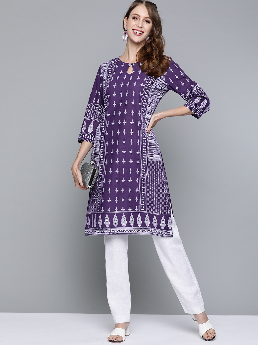 

HERE&NOW Women Purple & White Ethnic Motifs Printed Pure Cotton Kurta