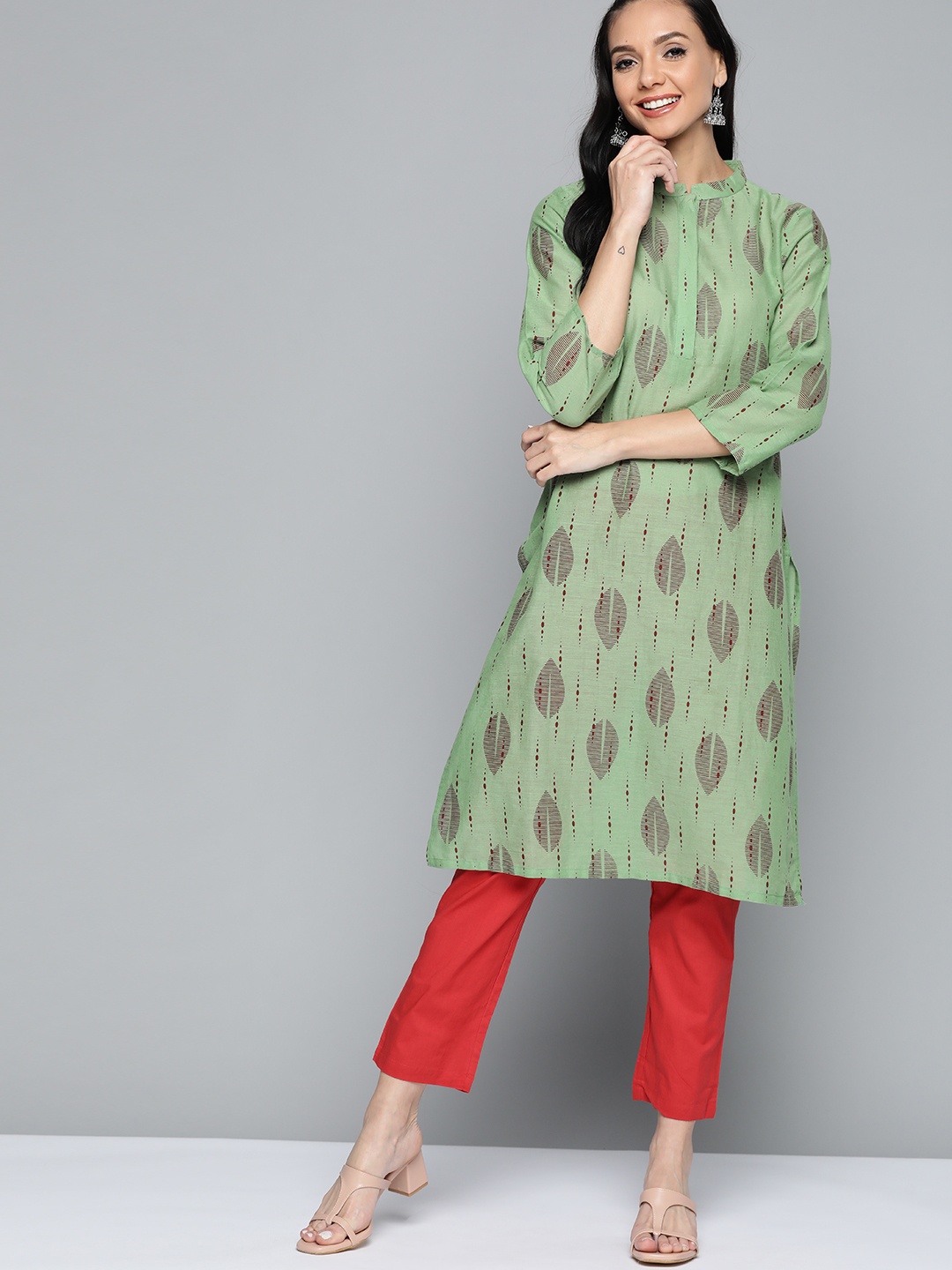 

HERE&NOW Women Green & Maroon Cotton Geometric Printed Kurta