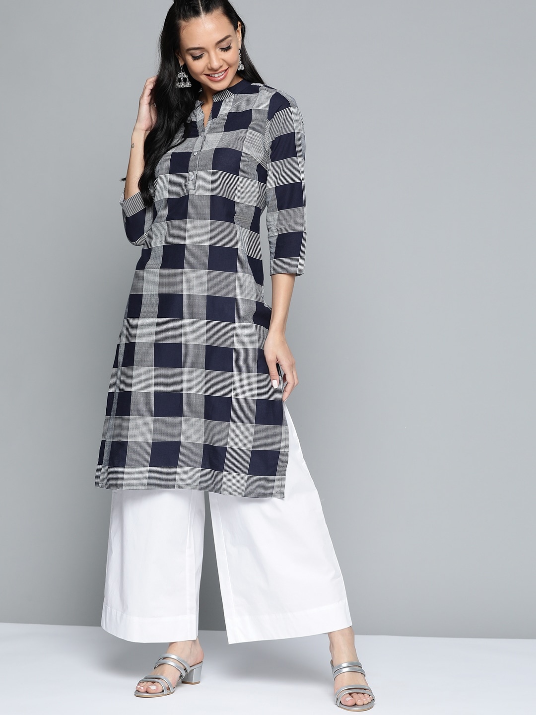 

HERE&NOW Women Navy Blue & White Cotton Checked Kurta