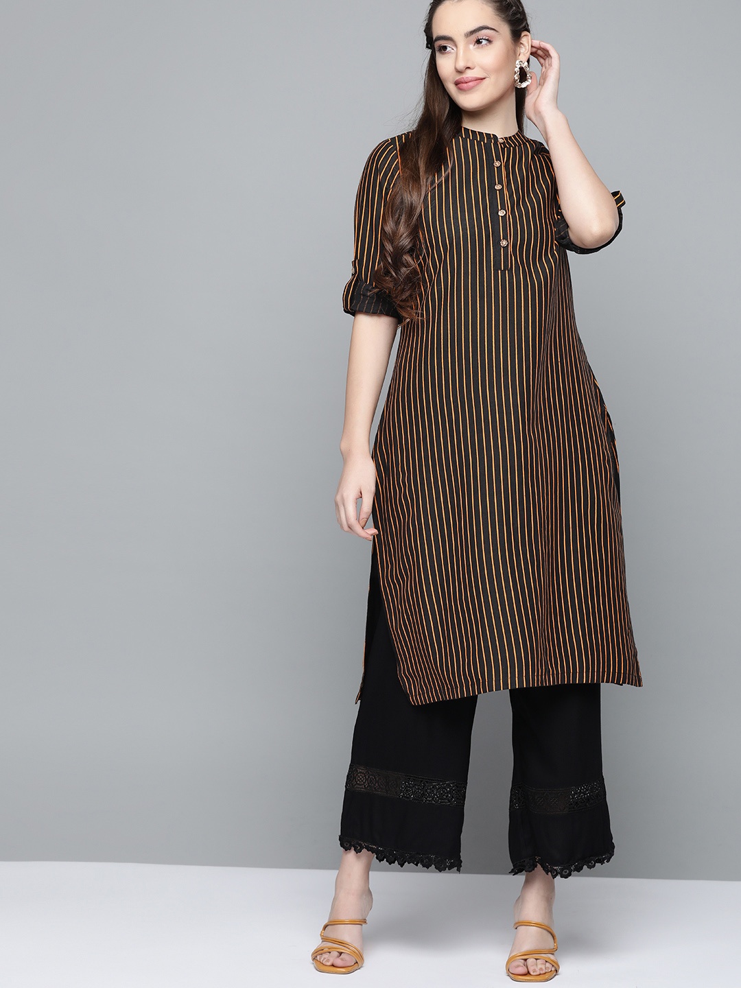 

HERE&NOW Women Black & Orange Cotton Striped Kurta