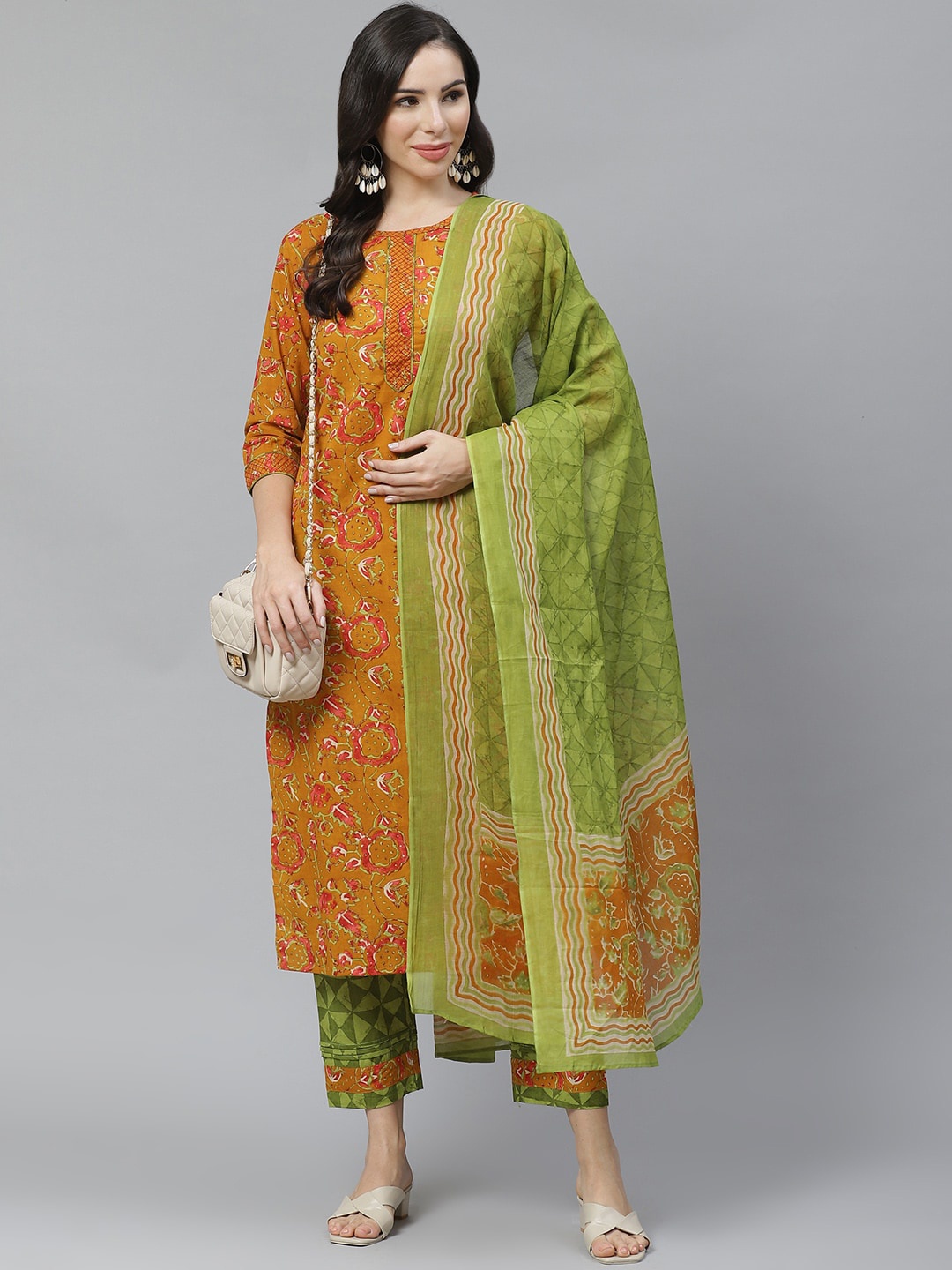 

Yuris Women Mustard Yellow & Green Floral Printed Cotton Kurta with Trousers & Dupatta