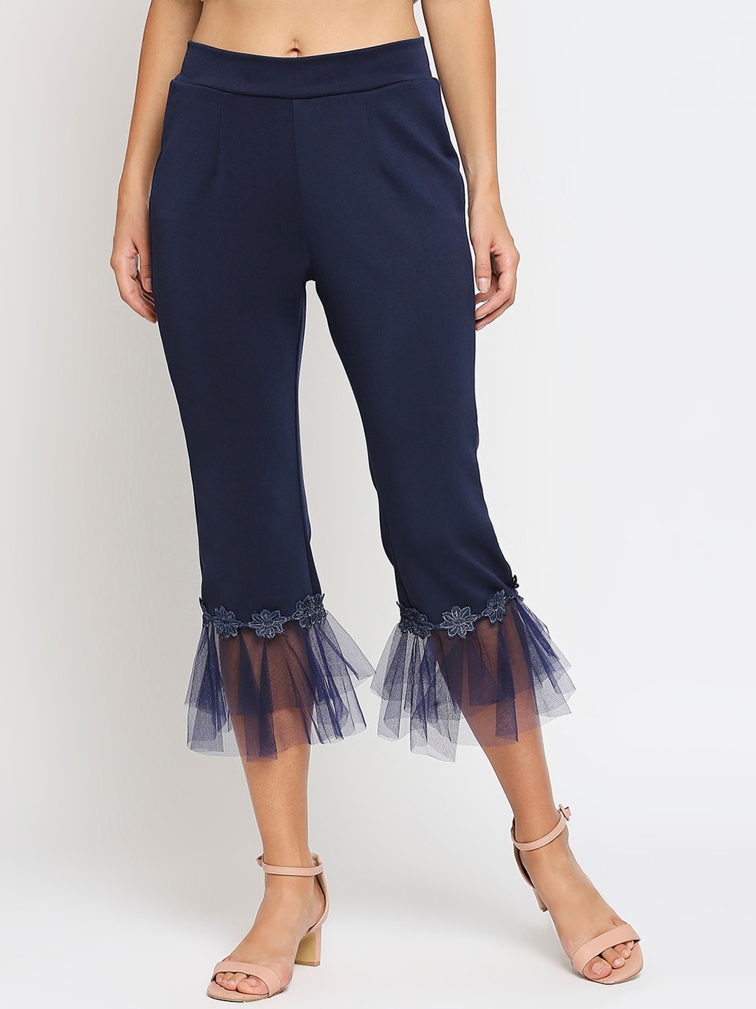 

Ira Soleil Women Blue Lace Trim Culottes Trousers