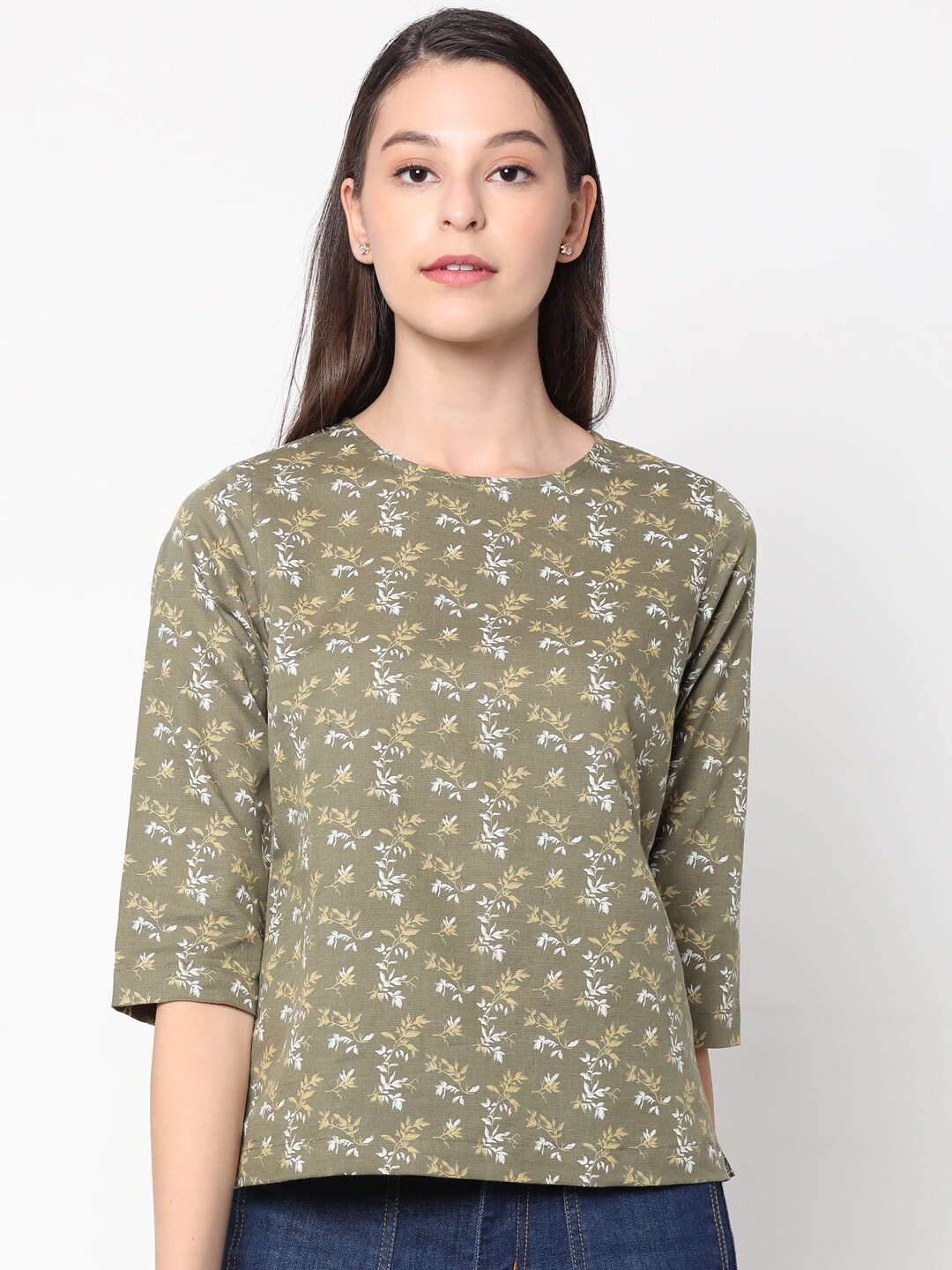 

CINNAMON CLOSET Women Green Floral Linen Regular Top