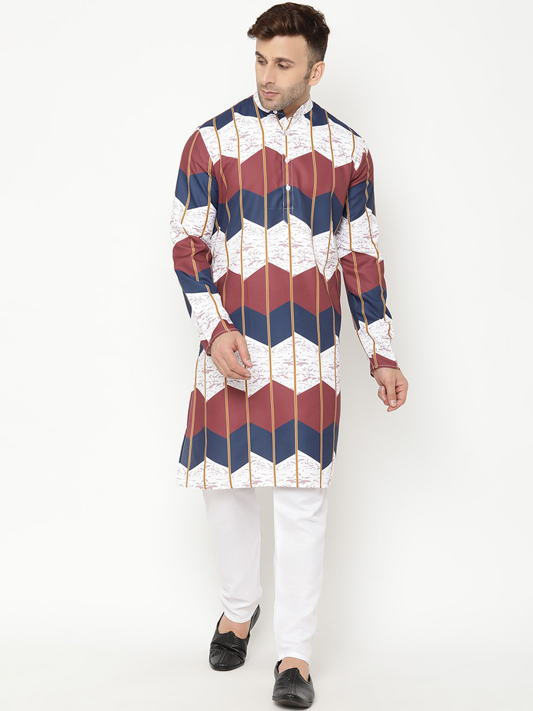 

Hangup Men White & Navy Blue Geometric Printed Thread Work Kurta