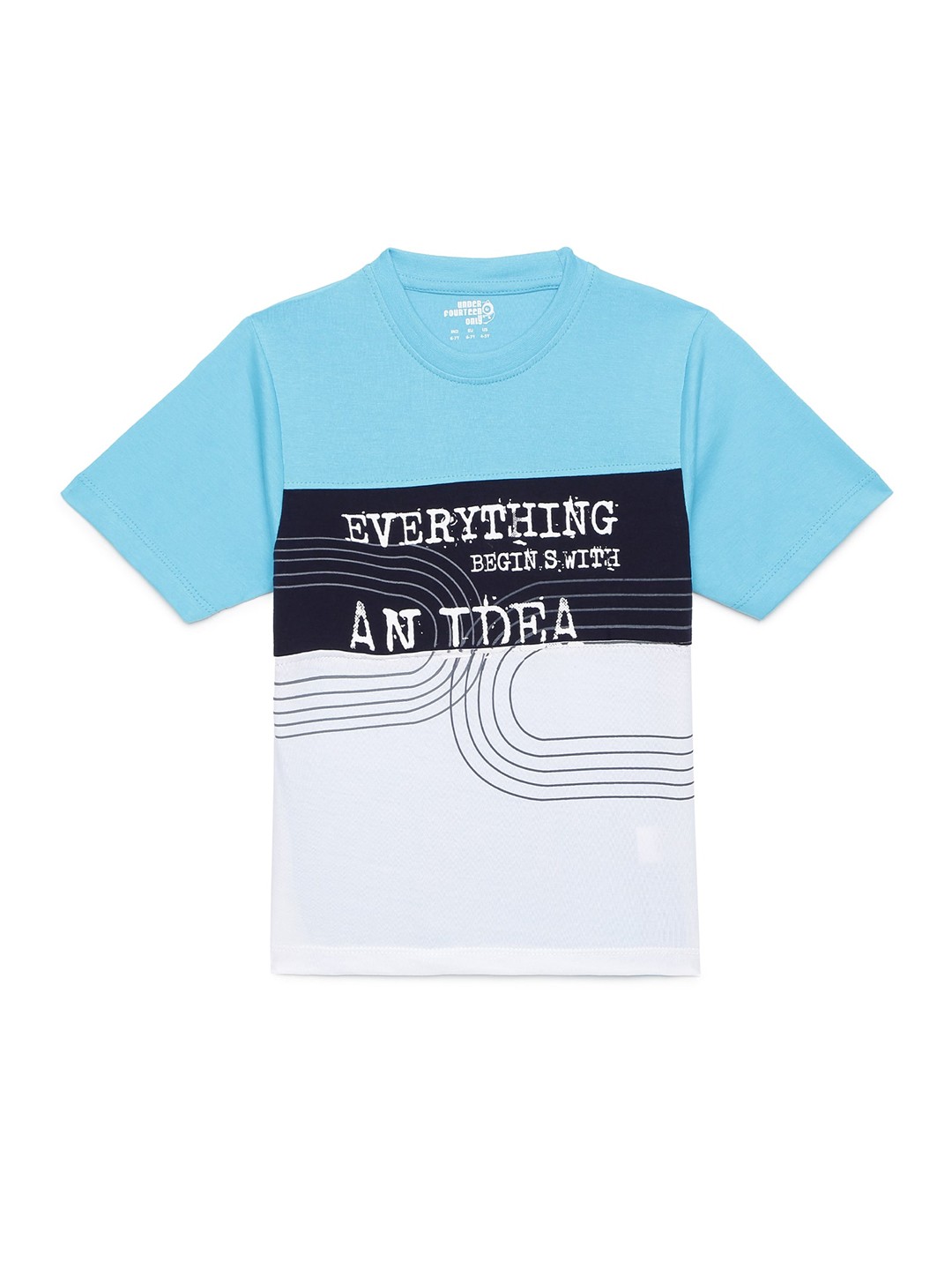 

UNDER FOURTEEN ONLY Boys Blue White Typography Printed Colorblocked Pure Cotton T-shirt