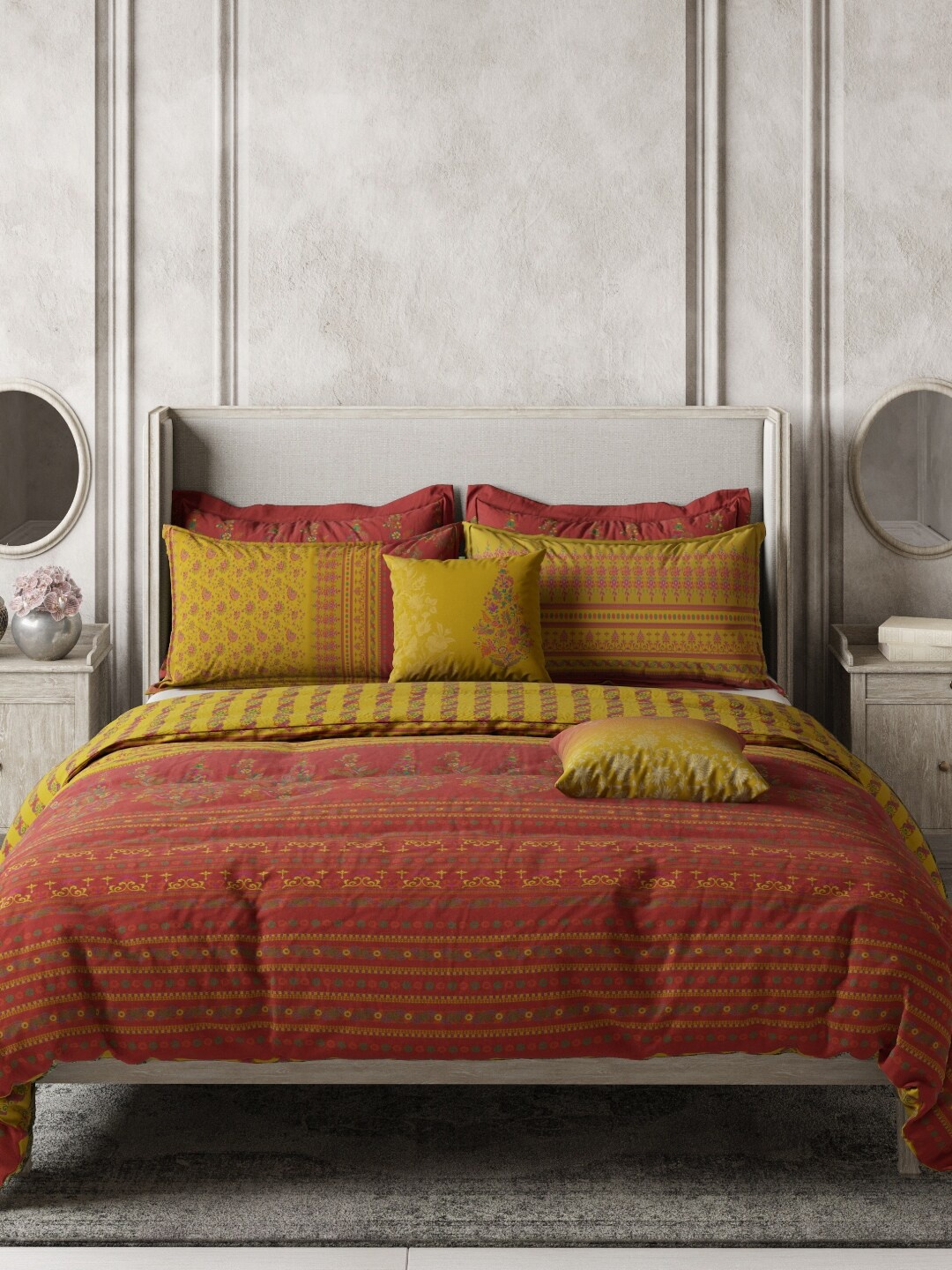 

DDecor Yellow & Red Floral Printed Double King Bedding Set