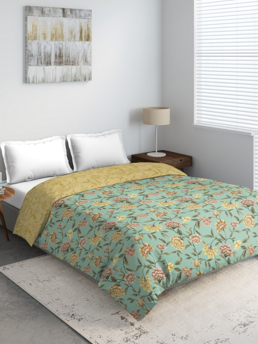

DDecor Turquoise Blue & Yellow Floral Printed Mild Winter 210 GSM Double Bed Comforter