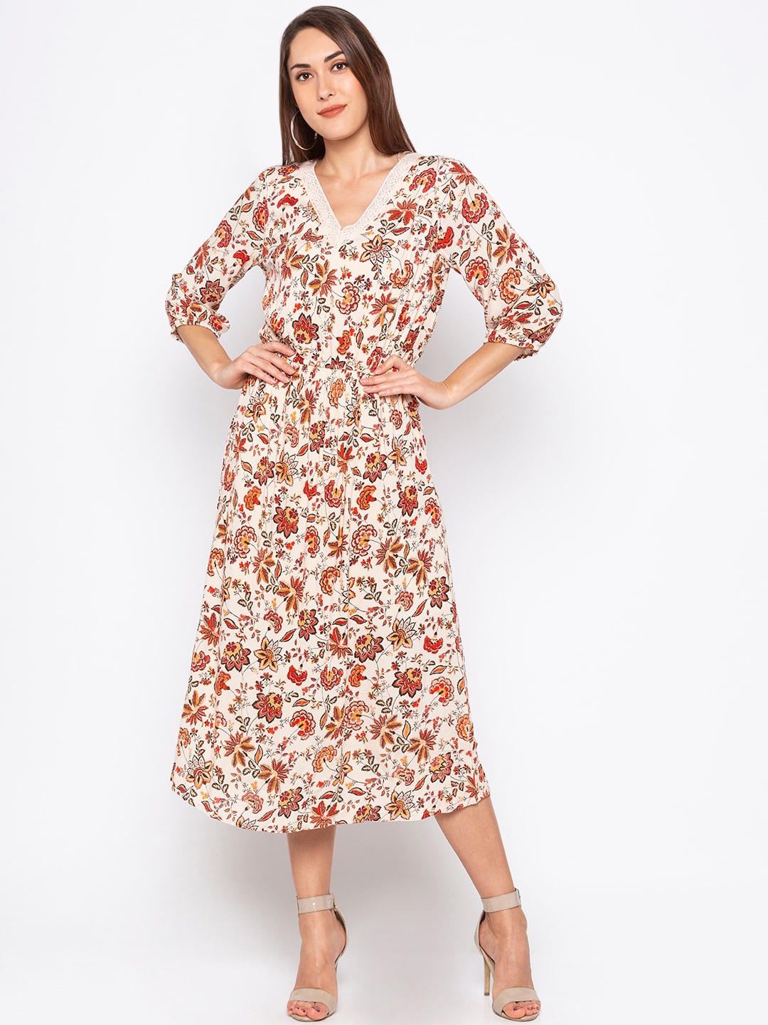 

Globus Women Beige Floral Printed A-Line Midi Dress