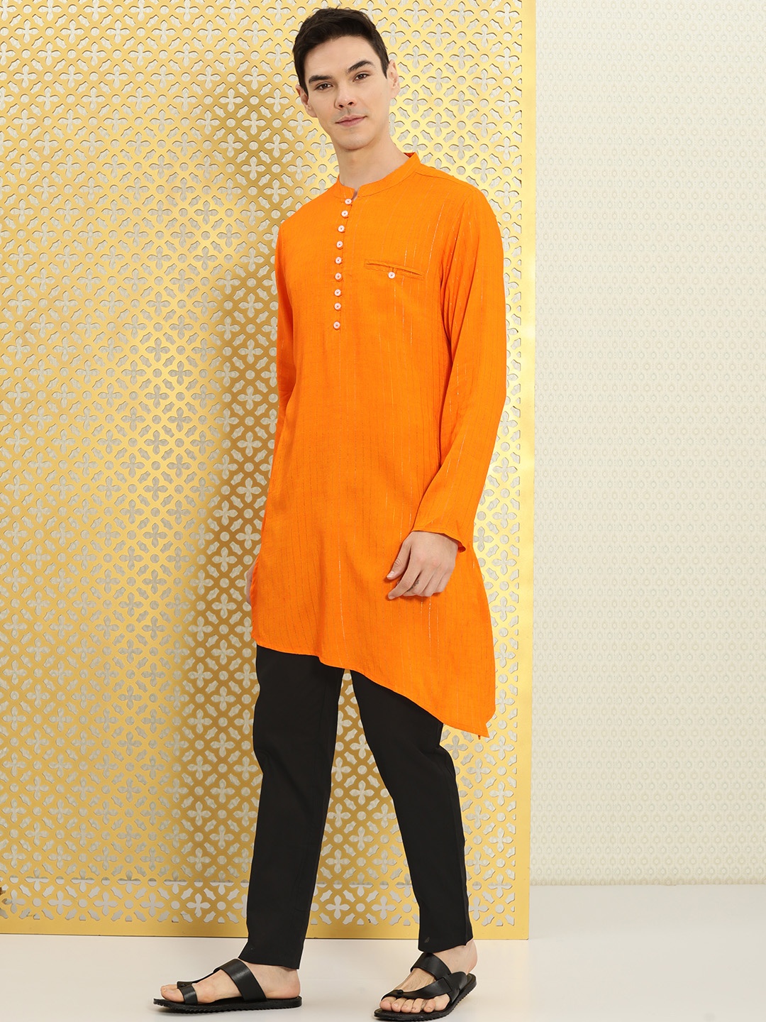 

Ode by House of Pataudi Men Orange & Black Rozana Striped Kurta with Trousers