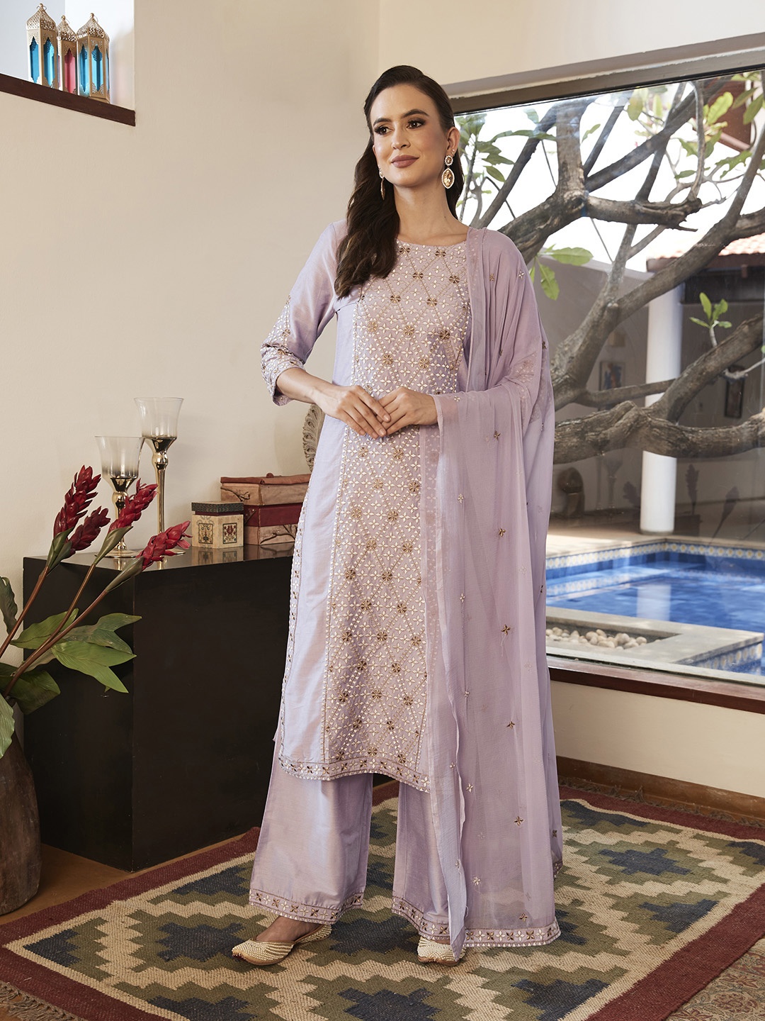 

House of Pataudi Women Purple Embroidered Thread Work Kurta with Palazzos & With Dupatta