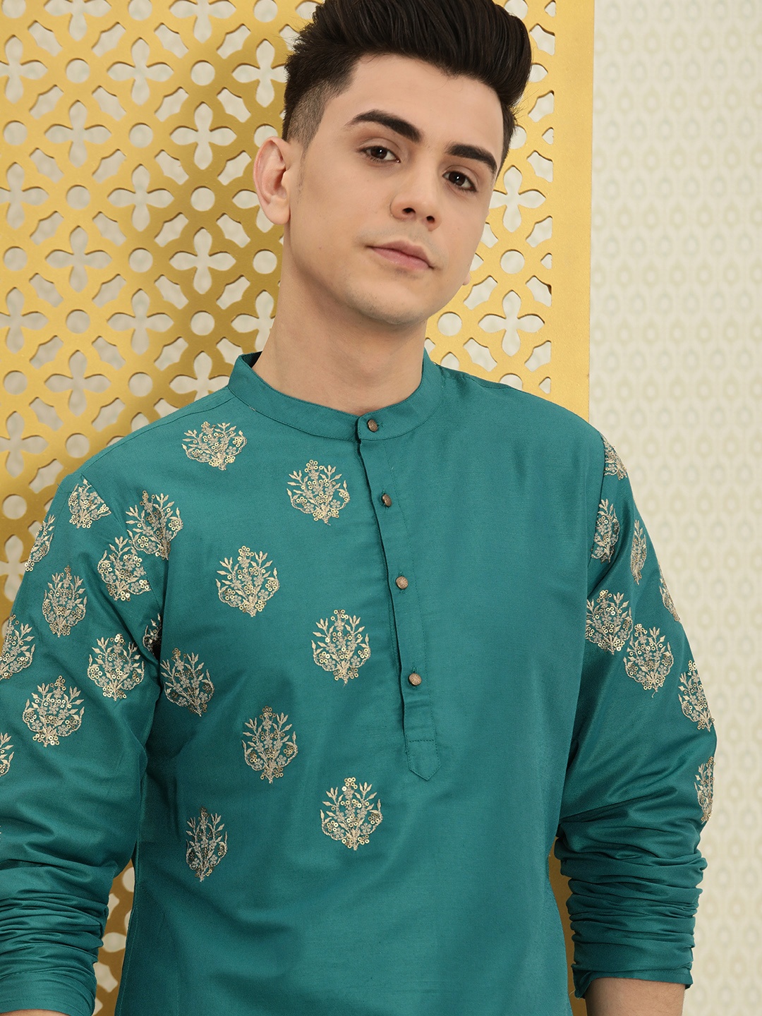 

House of Pataudi Men Teal Ethnic Motifs Embellished Block Print Kurta