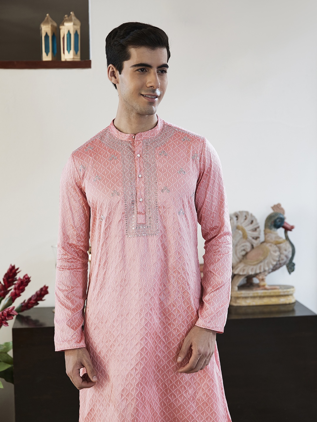 

House of Pataudi Men Pink Ethnic Motifs Printed Thread Work Jashn Regular Kurta