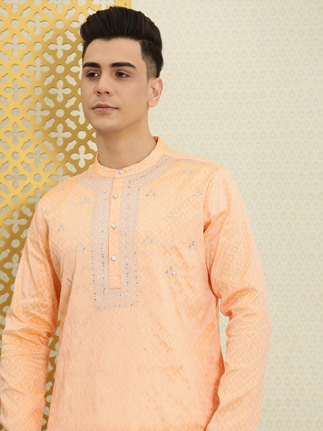 

House of Pataudi Men Beige Ethnic Motifs Printed Thread Work Kurta