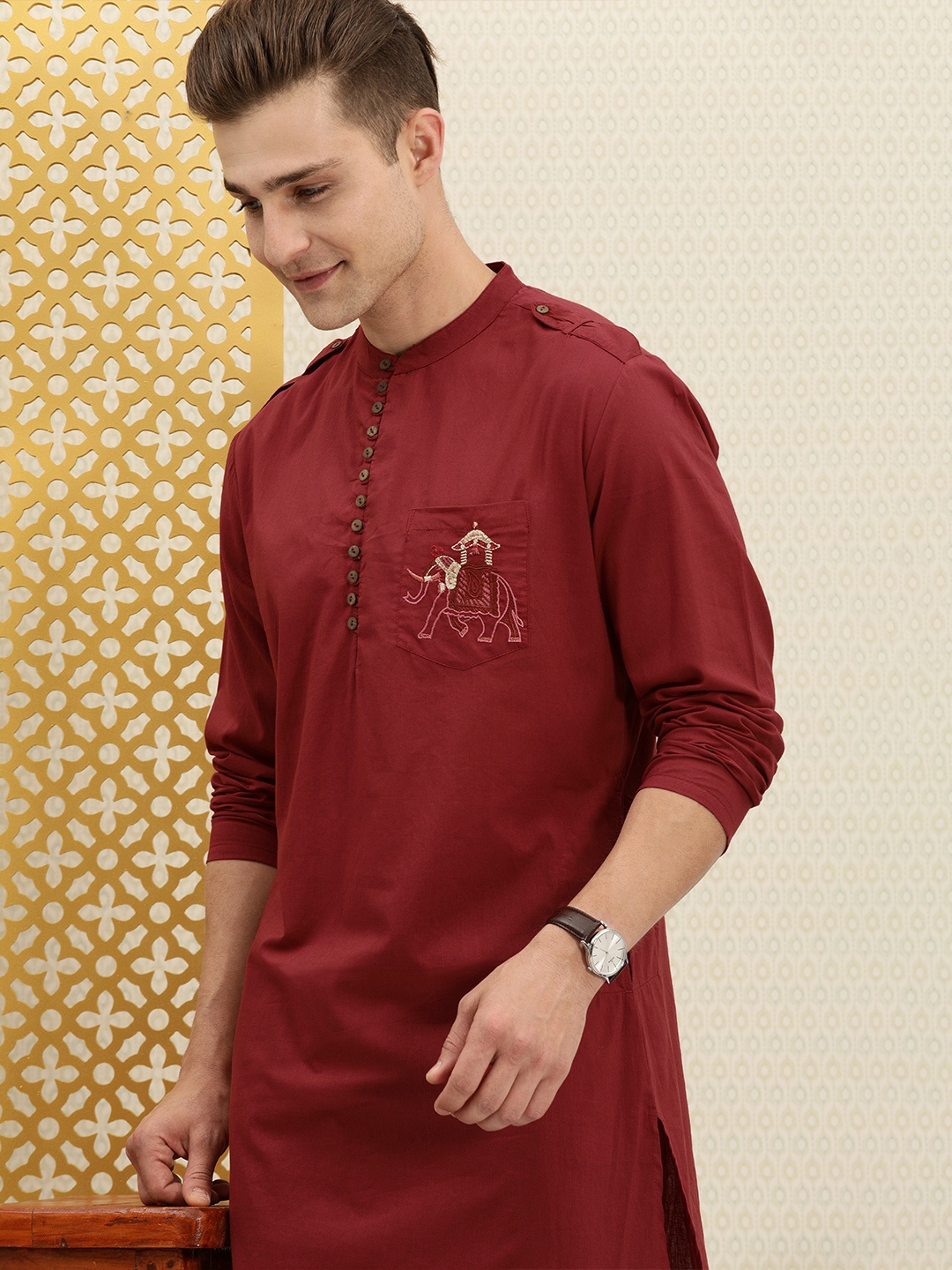 

House of Pataudi Men Maroon Ethnic Motifs Embroidered Kurta