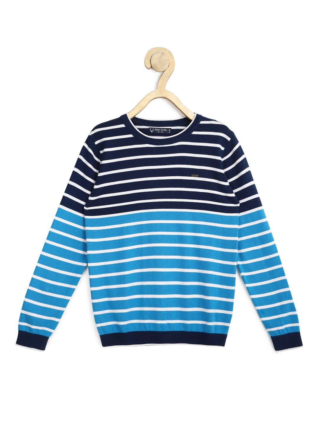 

Allen Solly Junior Boys Blue & White Striped Pure Cotton Round Neck Pullover