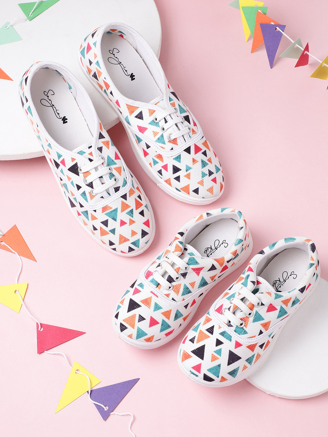 

Sangria Women Orange & Sea Green Triangle Printed Sneakers