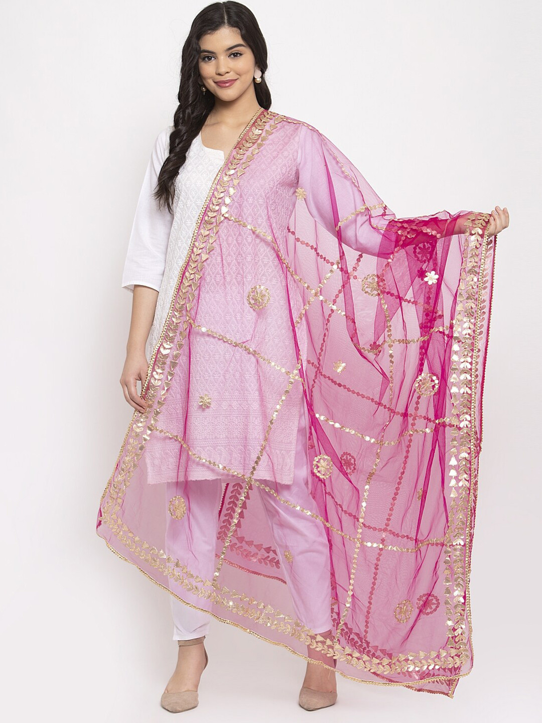 

Clora Creation Magenta & Gold Embroidered Dupatta with Gotta Patti Detail