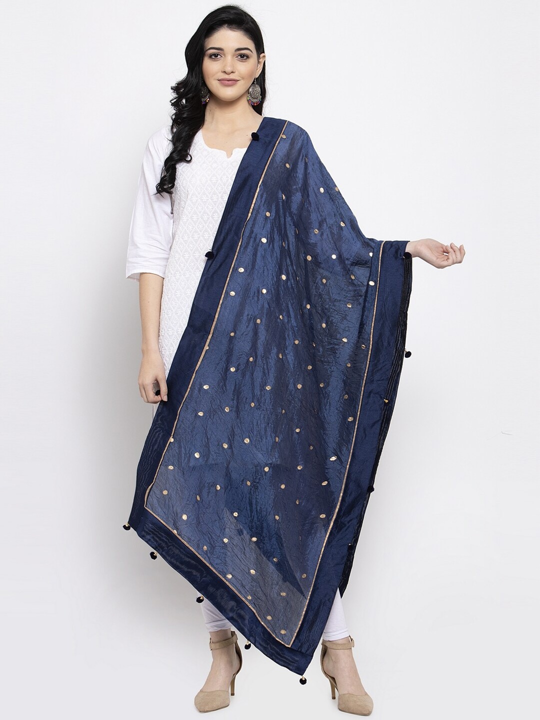 

Clora Creation Navy Blue & Gold Polka Dot Printed Dupatta