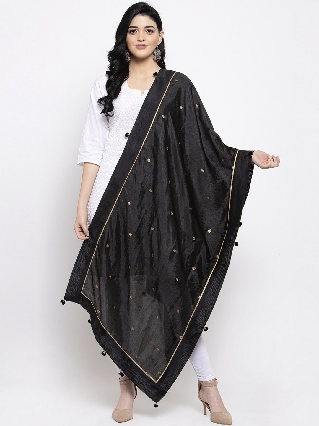 

Clora Creation Black & Gold Polka Dot Printed Dupatta