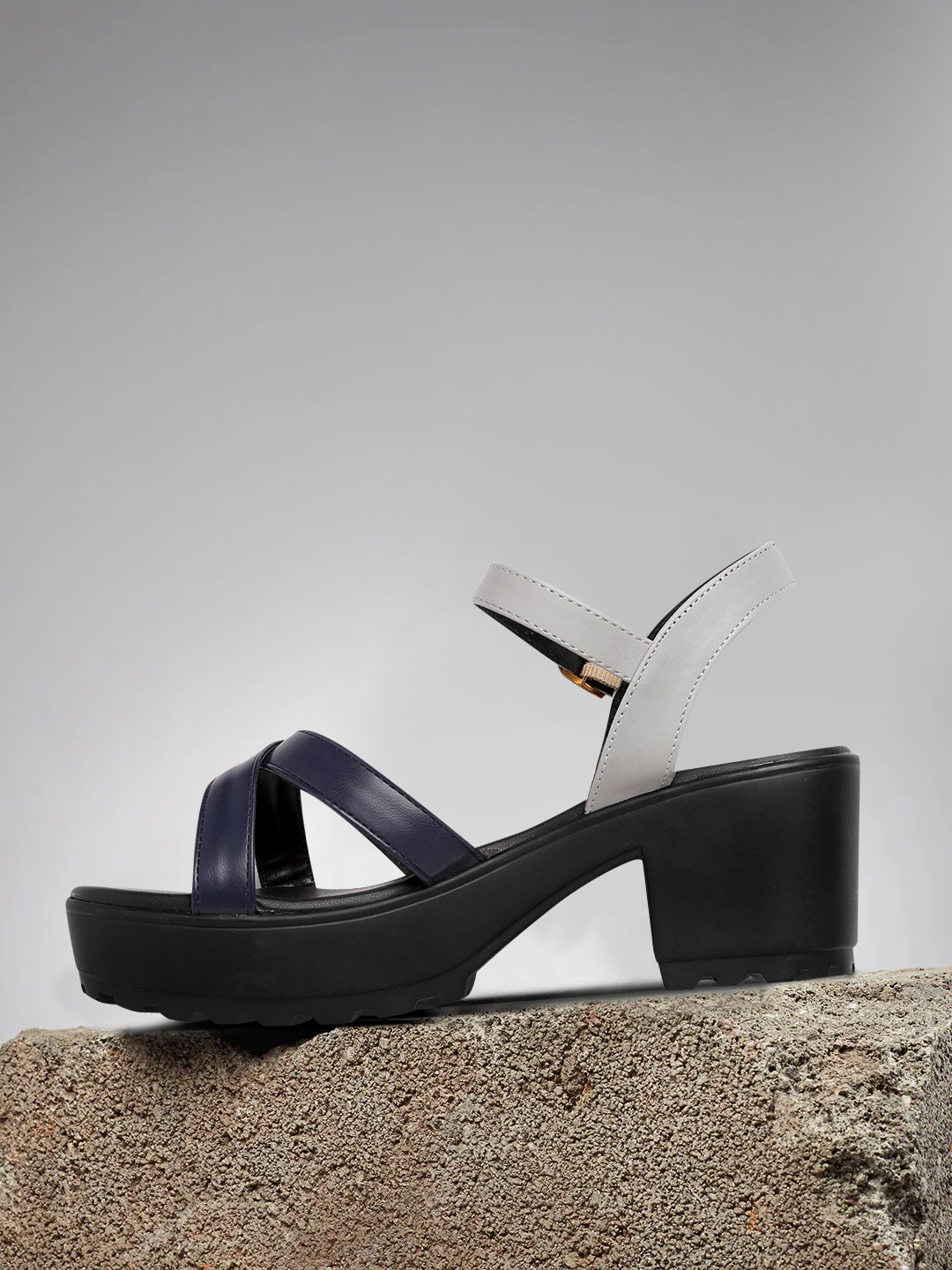 

Roadster Navy Blue & Grey PU Block Heels