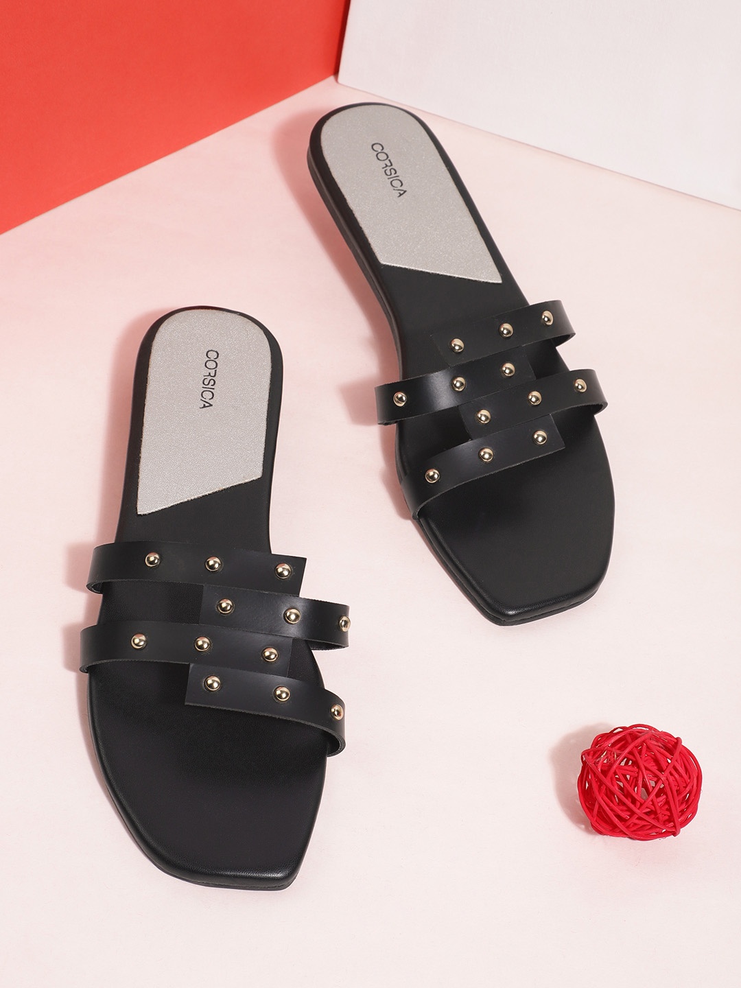 CORSICA Women Black & Gold-Toned Embellished Open Toe Flats