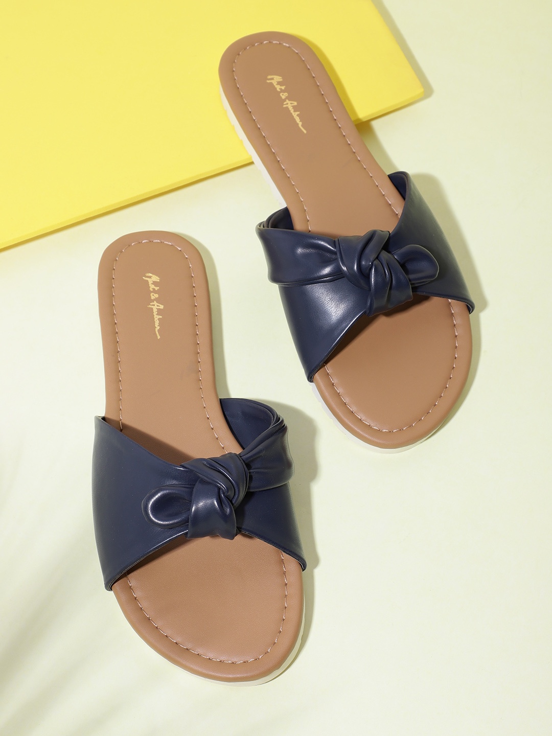 

Mast & Harbour Women Navy Blue Open Toe Flats with Knot Detail