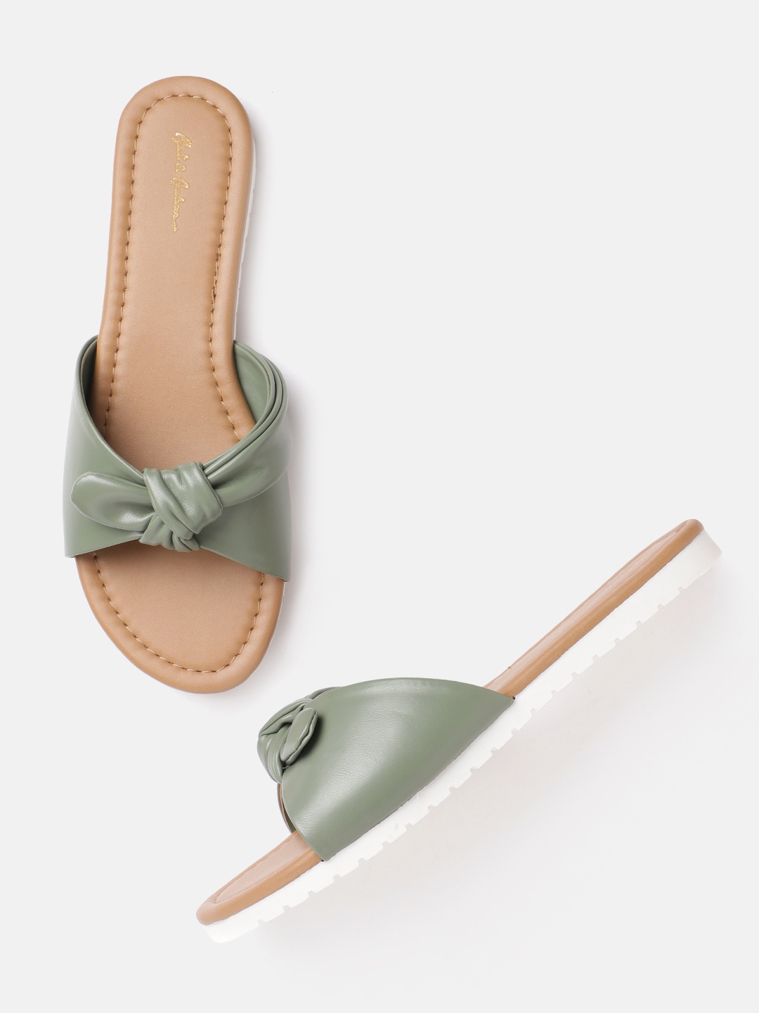 

Mast & Harbour Women Olive Green Solid Knot Detail Open Toe Flats