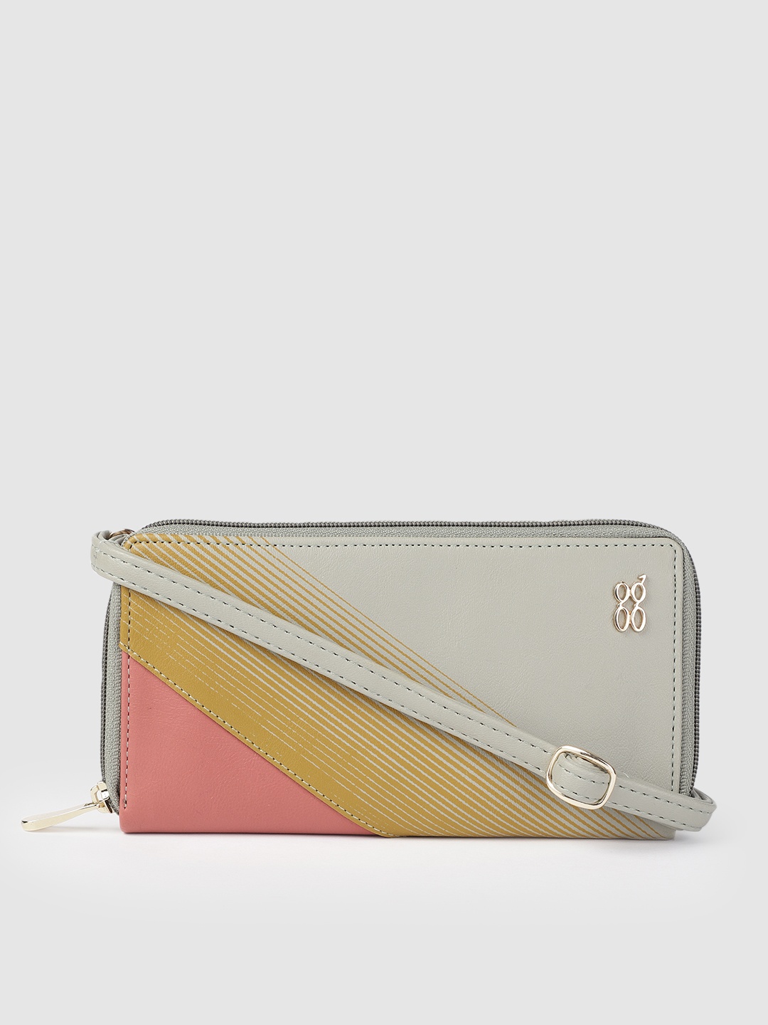 

Baggit Women Grey & Mustard Colourblocked Zip Around Wallet with Sling Strap