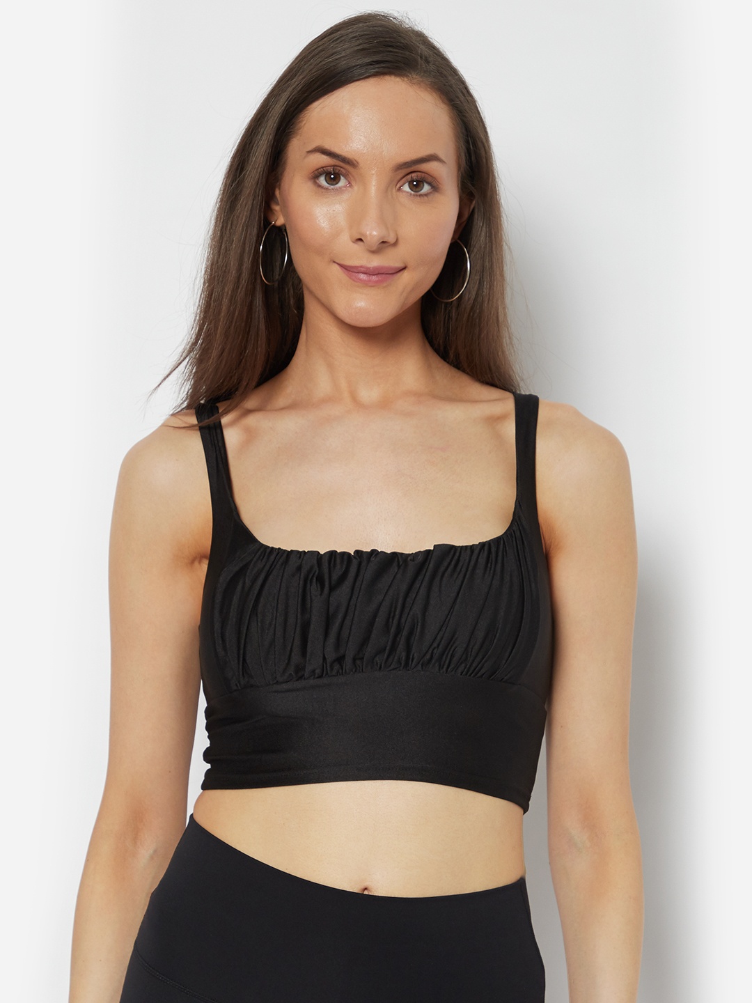 

URBANIC Women Black Ruched Crop Fitted Top