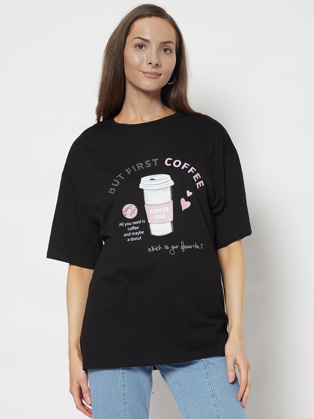 

URBANIC Women Black & Pink Cotton Printed Drop-Shoulder Sleeves T-shirt