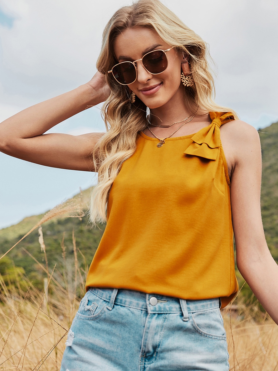 

URBANIC Mustard Yellow Solid Bow Detail Top