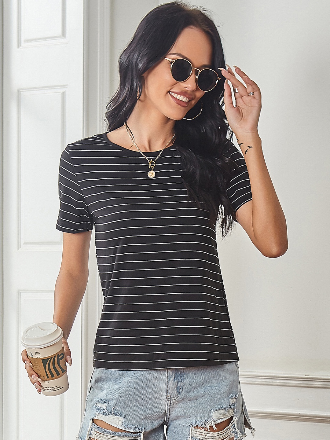 

URBANIC Women Black & White Striped T-shirt