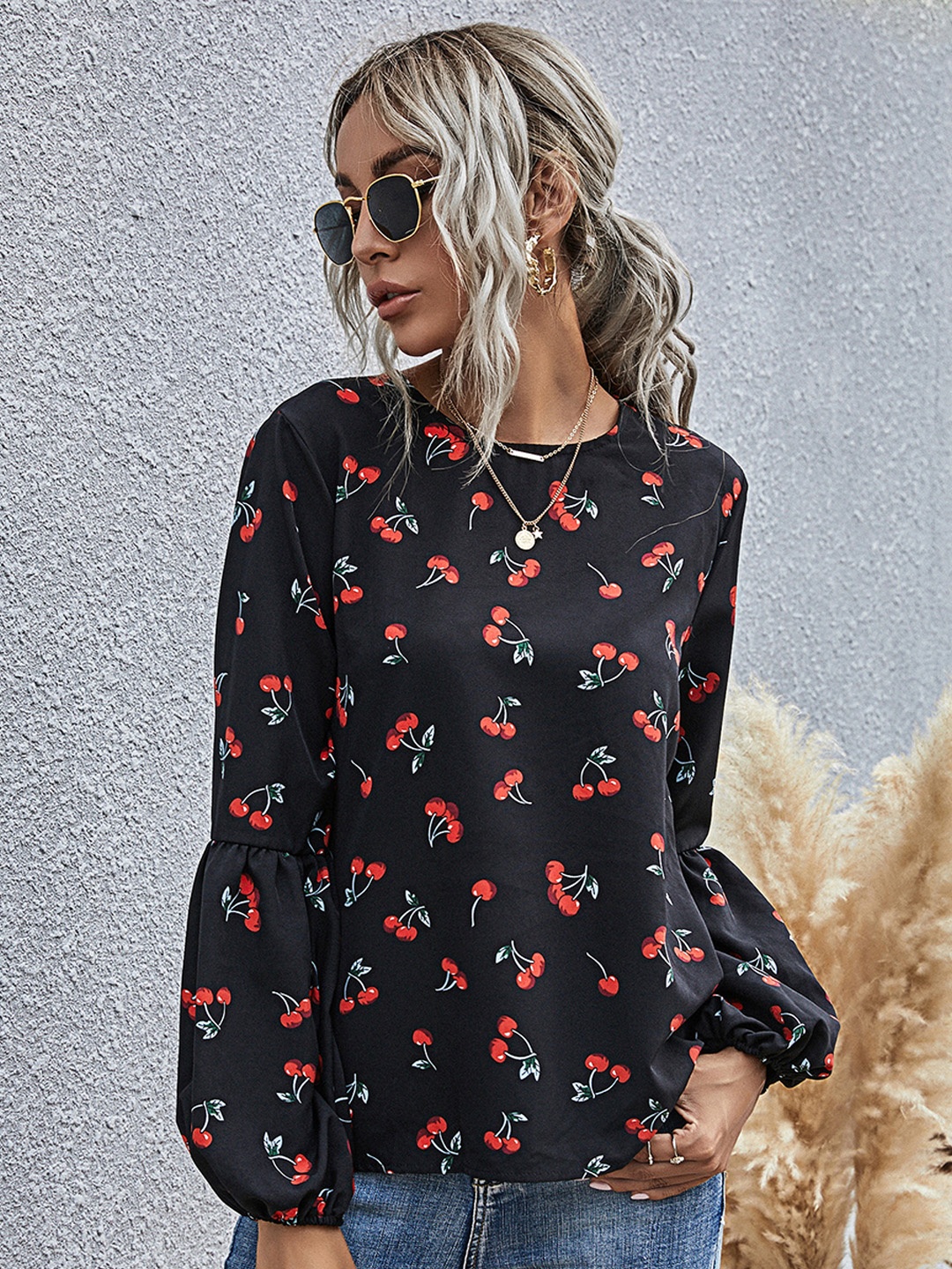 

URBANIC Black & Coral Red Cherry Print Top