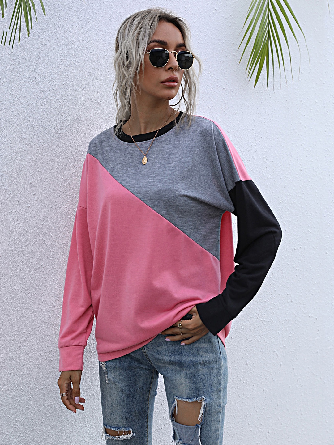 

URBANIC Women Pink & Grey Melange Colourblocked Sweatshirt