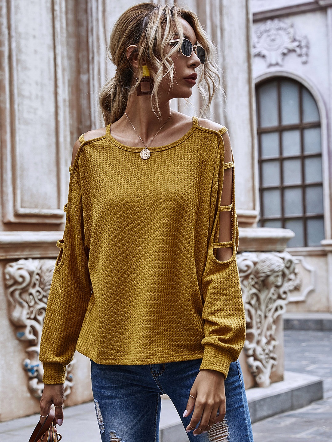 

URBANIC Women Mustard Yellow Self-Design Cut-Out Sweatshirt