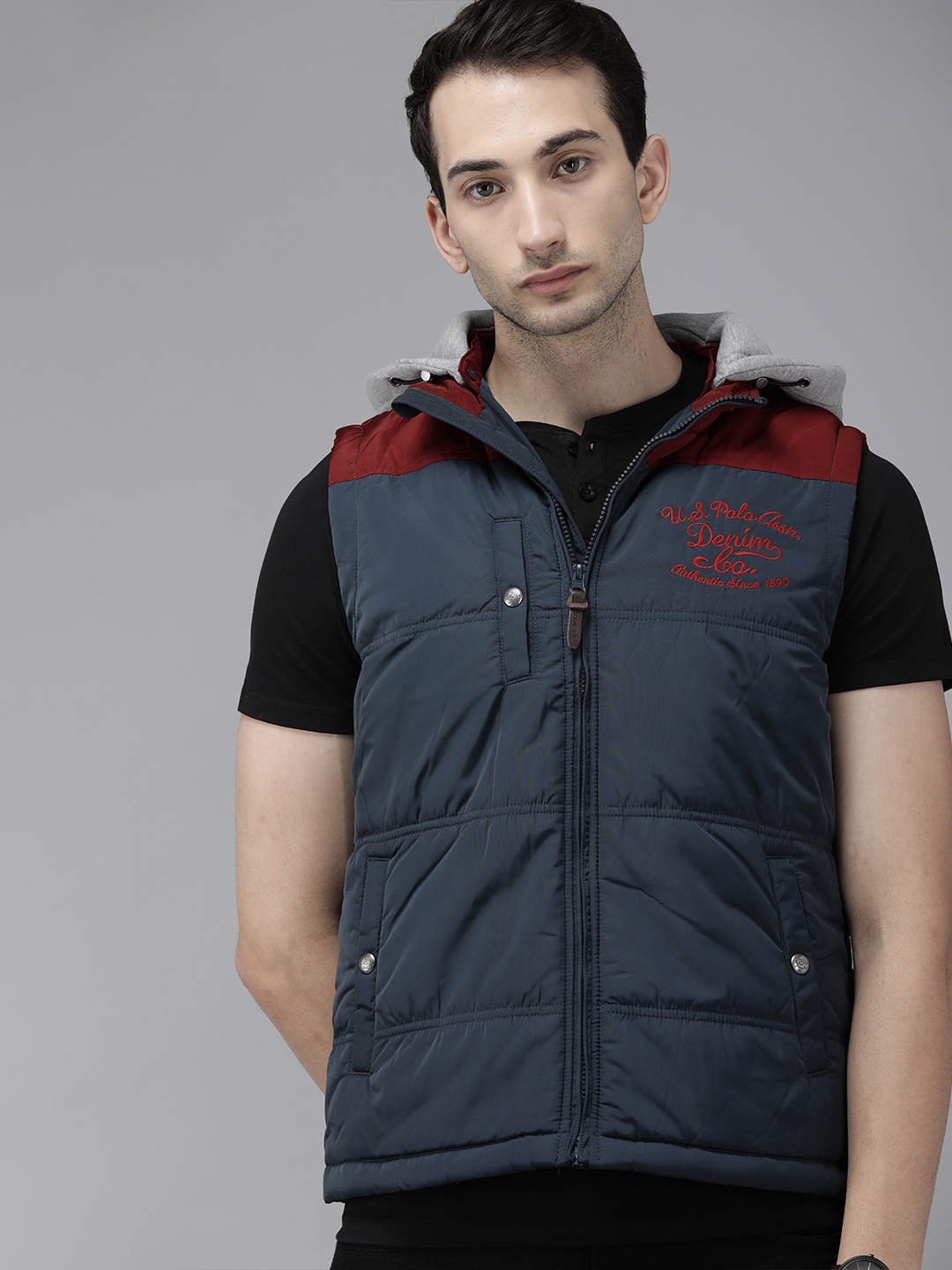 

U S Polo Assn Men Navy Blue Detachable Hood Padded Jacket with Embroidered