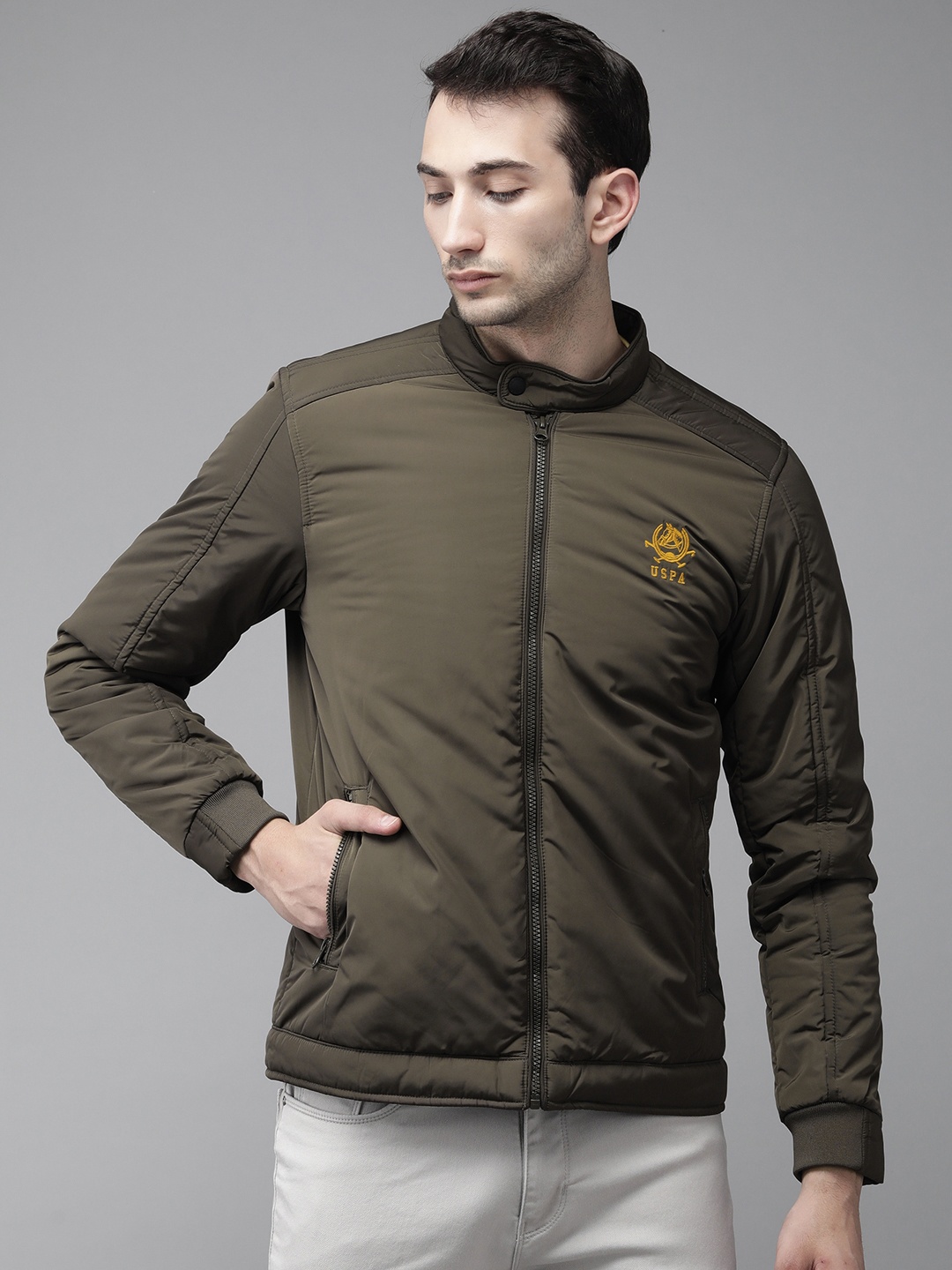 

U S Polo Assn Men Olive Green Solid Bomber Jacket