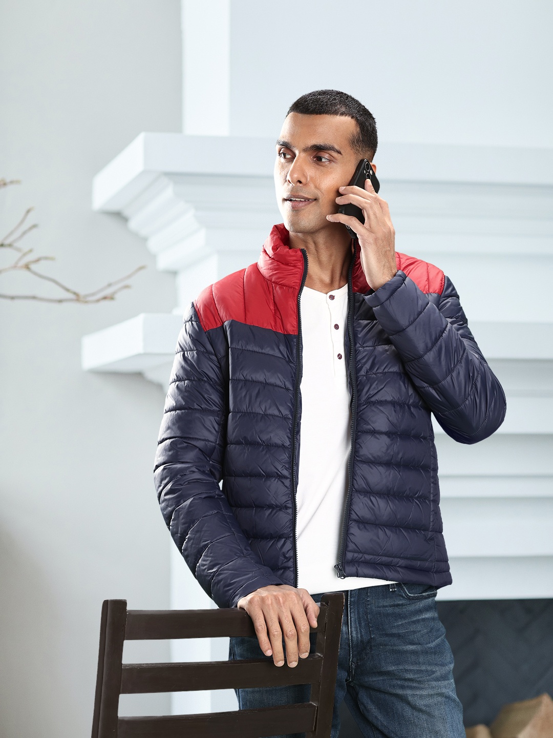 

U S Polo Assn Men Navy Blue & Red Colourblocked Quilted Jacket