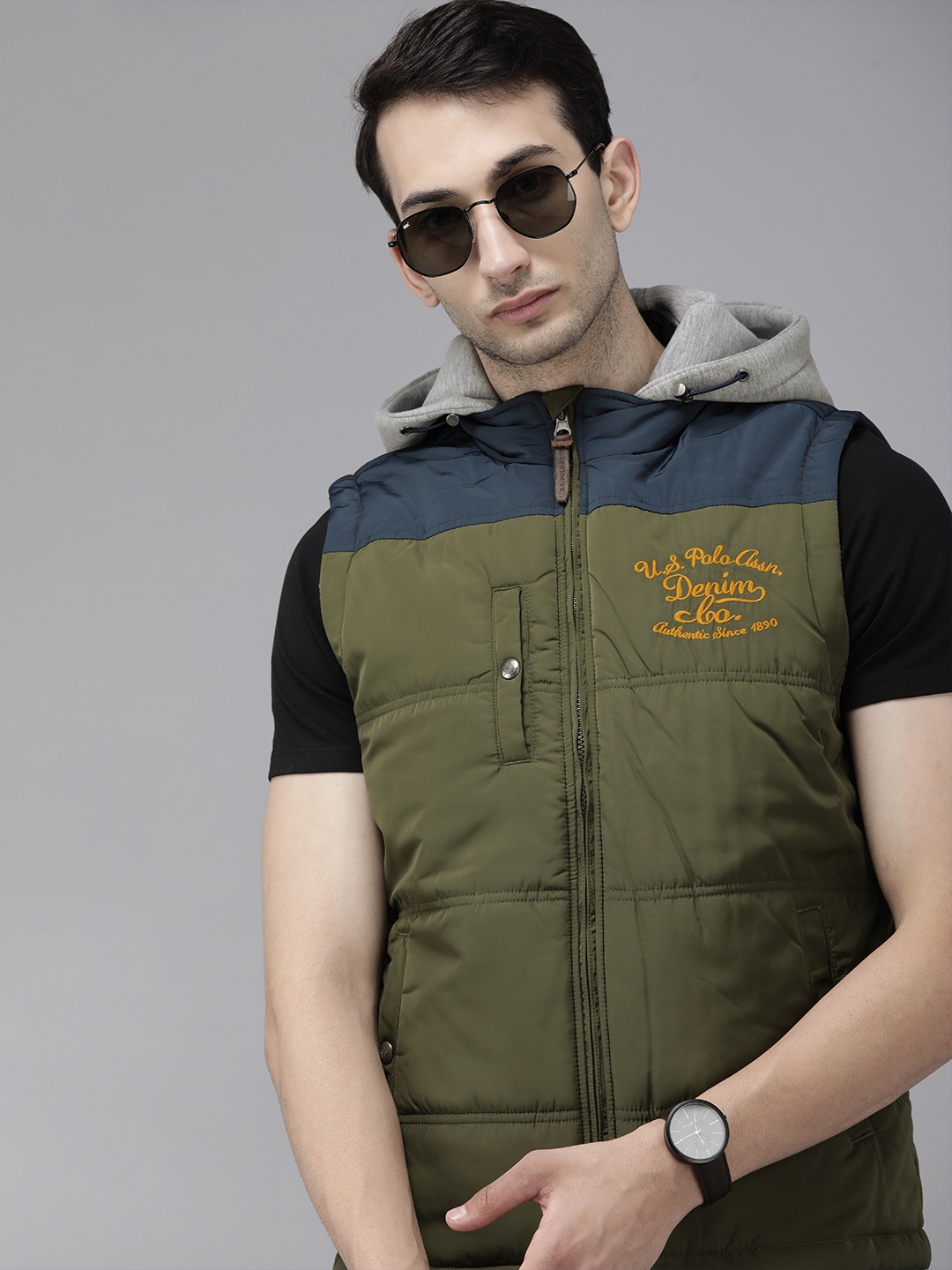 

U S Polo Assn Men Olive Green Detachable Hood Padded Jacket with Embroidered