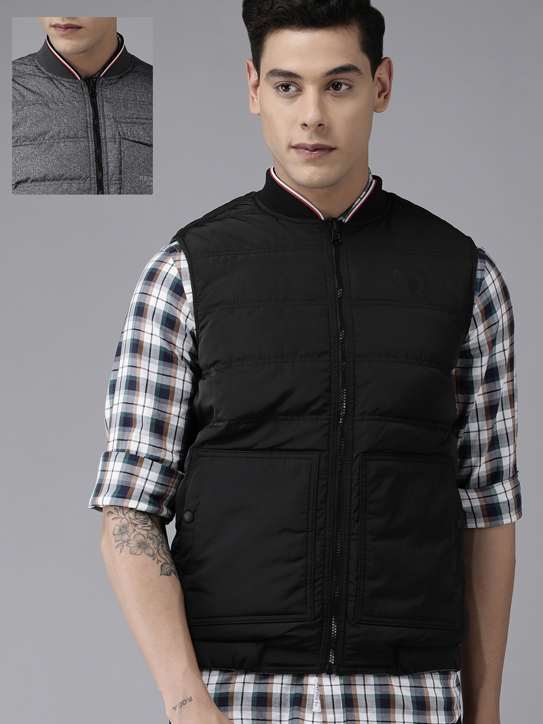

U S Polo Assn Men Grey Black Reversible Puffer Jacket