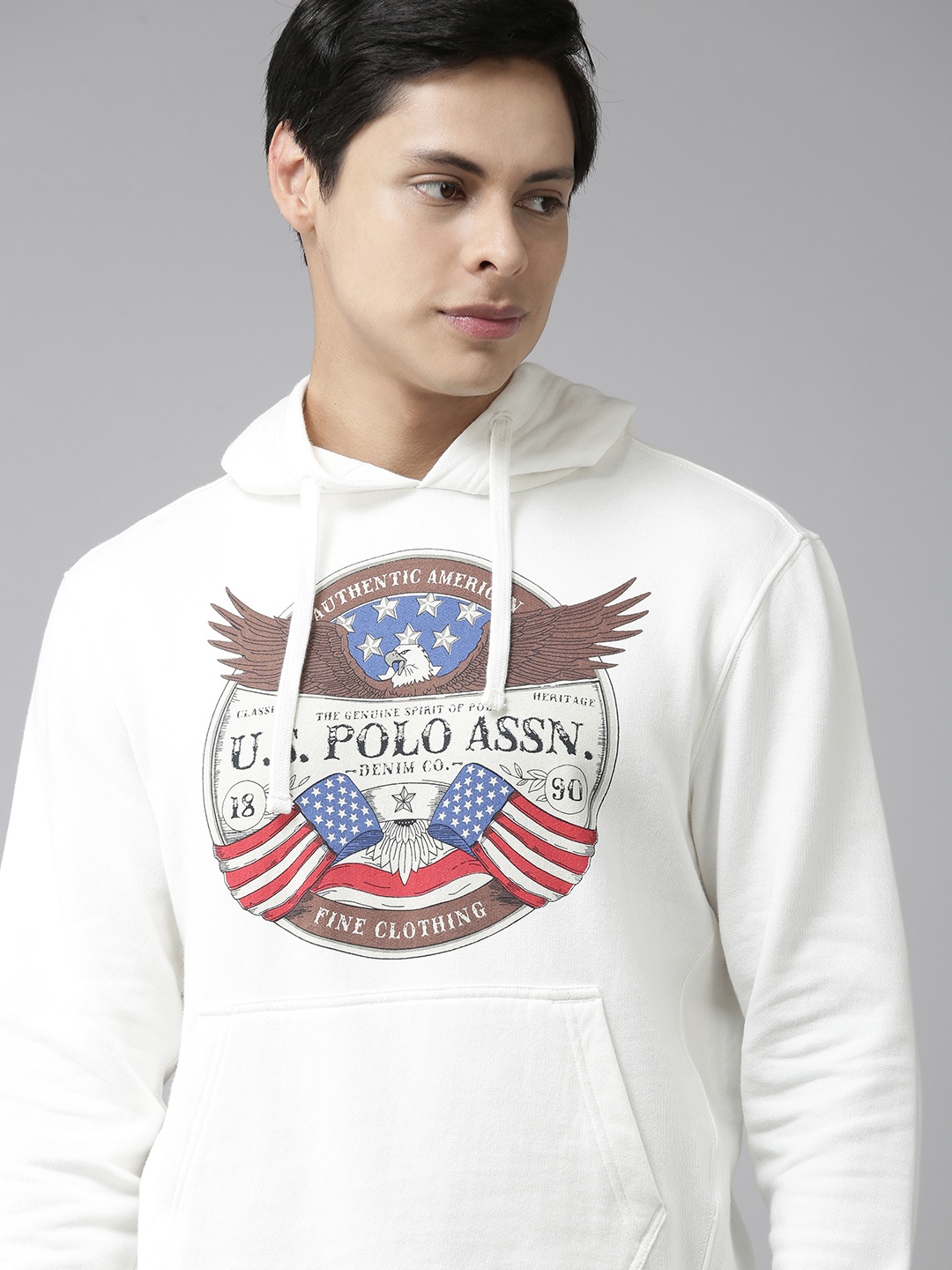 U S Polo Assn Men White Cotton Brand Logo Print Hooded Sweatshirt